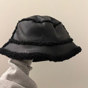 Anthropology black leather & Sherpa bucket hat
